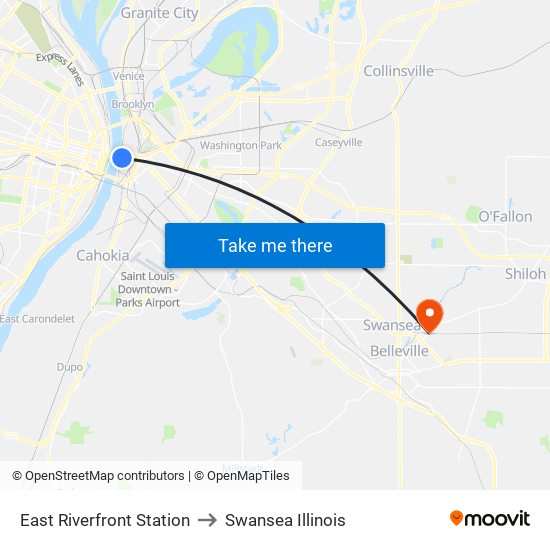 East Riverfront Station to Swansea Illinois map