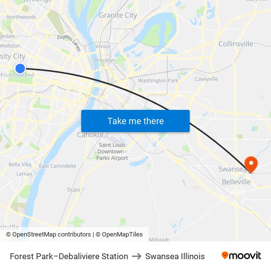 Forest Park–Debaliviere Station to Swansea Illinois map