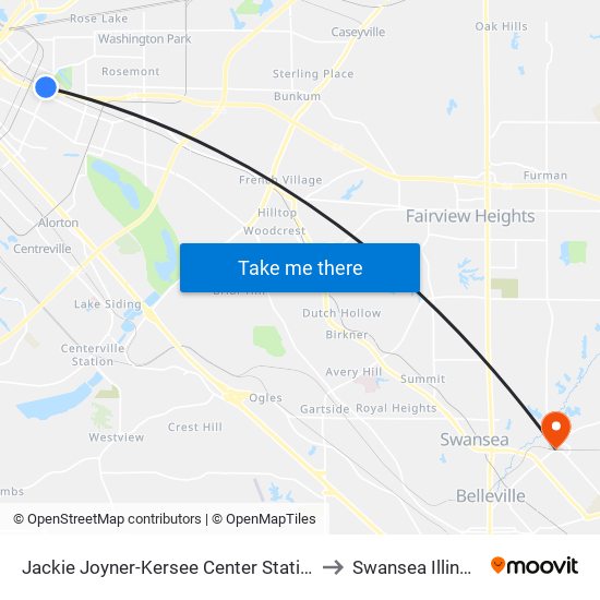 Jackie Joyner-Kersee Center Station to Swansea Illinois map