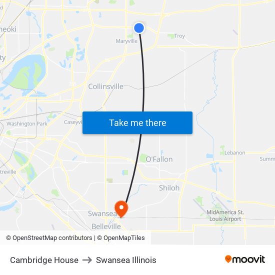 Cambridge House to Swansea Illinois map