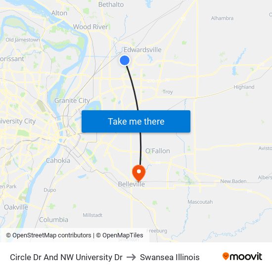 Circle Dr And NW University Dr to Swansea Illinois map