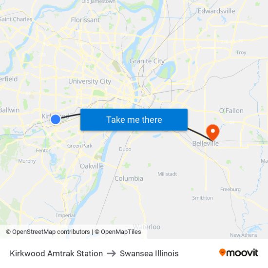 Kirkwood Amtrak Station to Swansea Illinois map