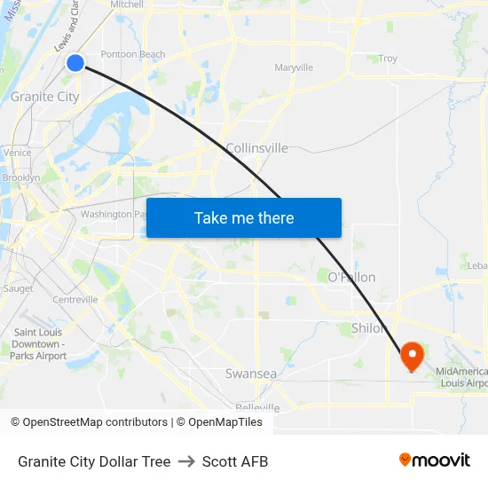 Granite City Dollar Tree to Scott AFB map