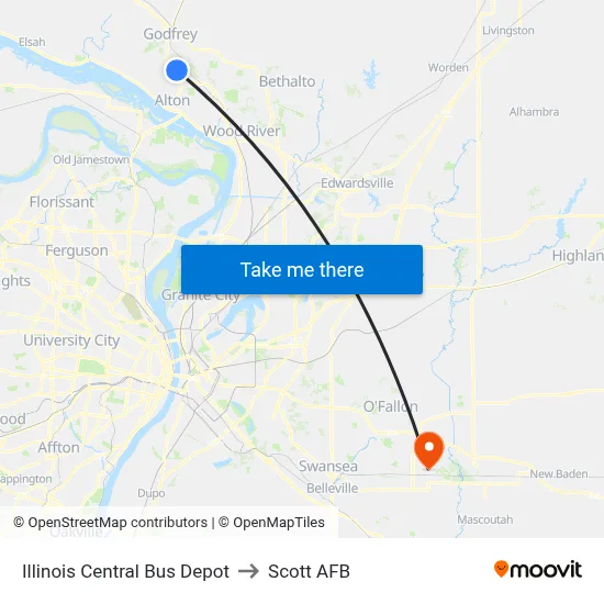Illinois Central Bus Depot to Scott AFB map