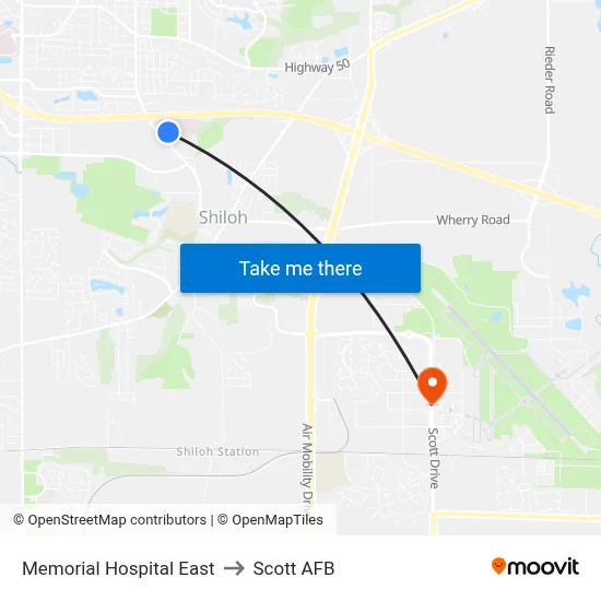Memorial Hospital East to Scott AFB map