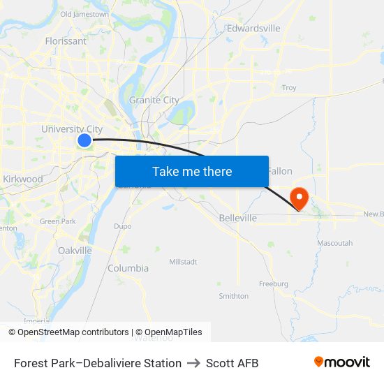 Forest Park–Debaliviere Station to Scott AFB map