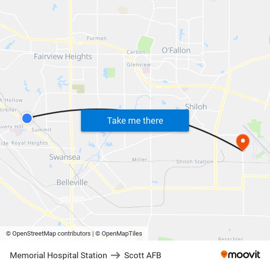 Memorial Hospital Station to Scott AFB map