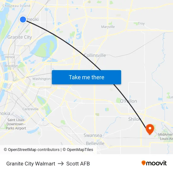 Granite City Walmart to Scott AFB map