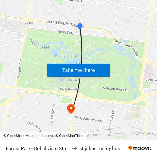 Forest Park–Debaliviere Station to st johns mercy hospital map