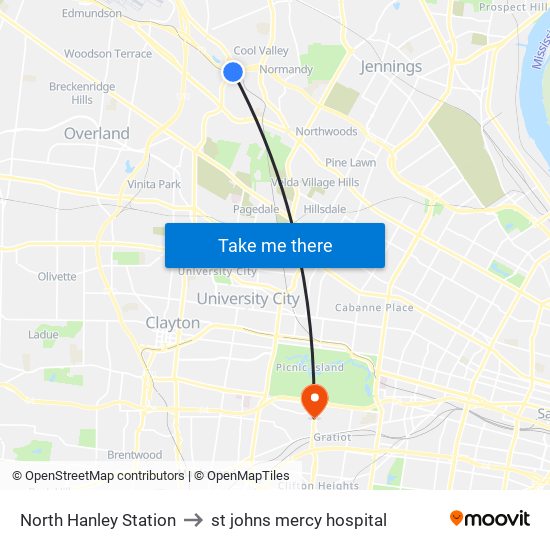 North Hanley Station to st johns mercy hospital map