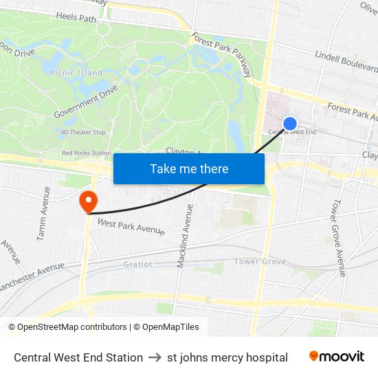 Central West End Station to st johns mercy hospital map