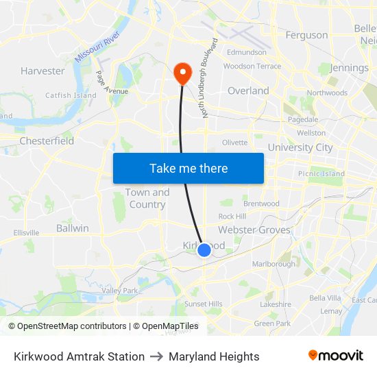 Kirkwood Amtrak Station to Maryland Heights map