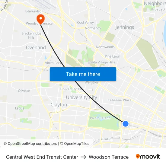 Central West End Transit Center to Woodson Terrace map