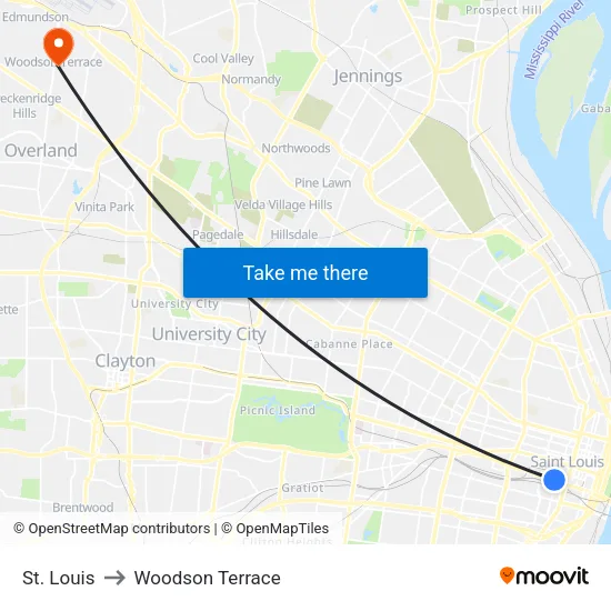 St. Louis to Woodson Terrace map