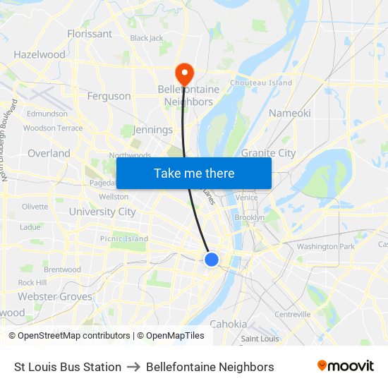 St Louis Bus Station to Bellefontaine Neighbors map