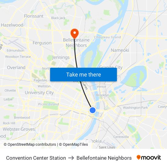 Convention Center Station to Bellefontaine Neighbors map