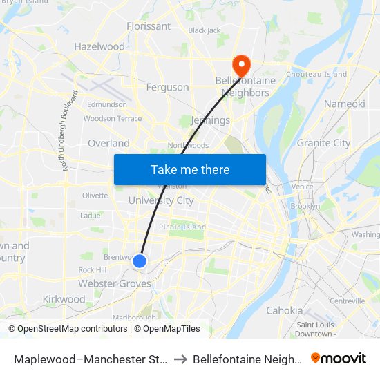 Maplewood–Manchester Station to Bellefontaine Neighbors map