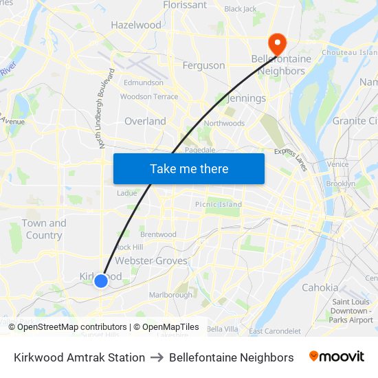 Kirkwood Amtrak Station to Bellefontaine Neighbors map