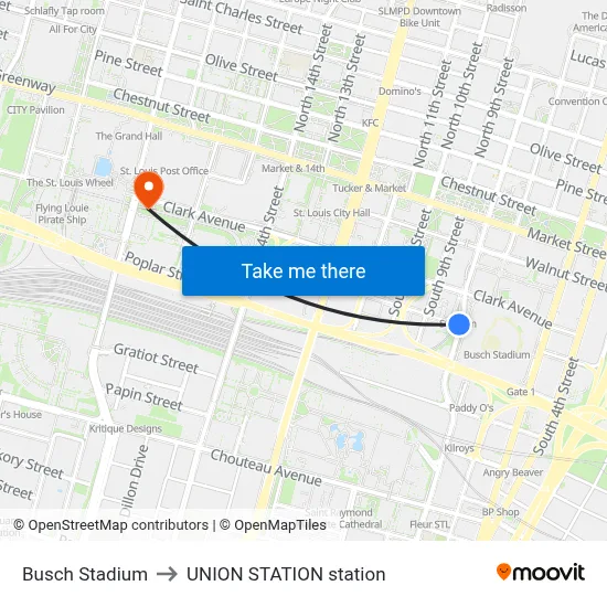 Busch Stadium to UNION STATION station map