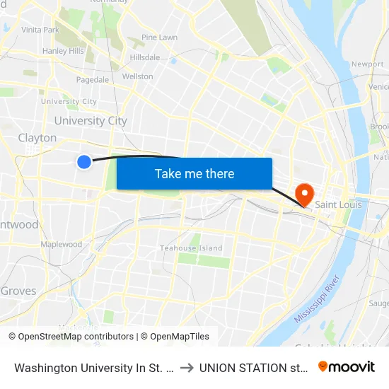 Washington University In St. Louis to UNION STATION station map