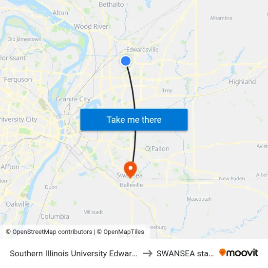 Southern Illinois University Edwardsville to SWANSEA station map