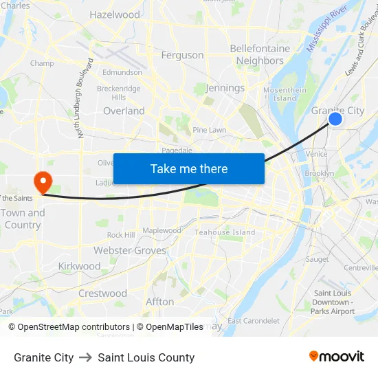 Granite City to Saint Louis County map