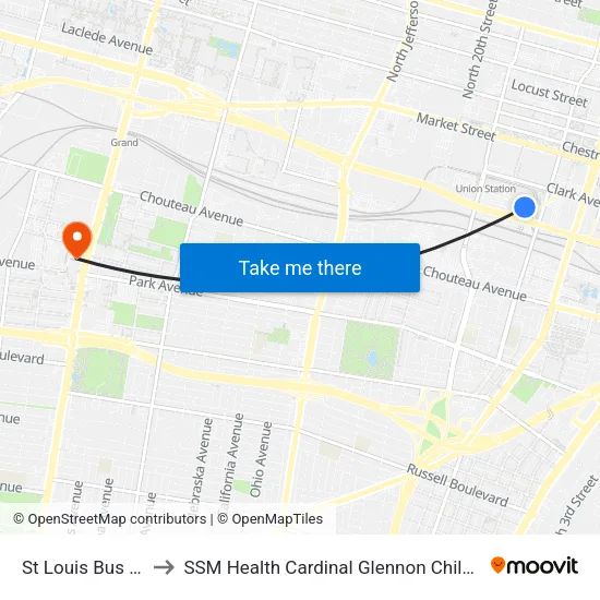 St Louis Bus Station to SSM Health Cardinal Glennon Children's Hospital map