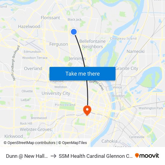 Dunn @ New Halls Ferry Wb to SSM Health Cardinal Glennon Children's Hospital map