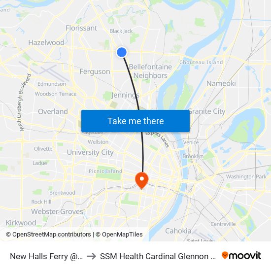 New Halls Ferry @ Pershall Eb to SSM Health Cardinal Glennon Children's Hospital map