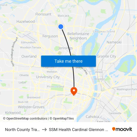 North County Transit Center to SSM Health Cardinal Glennon Children's Hospital map