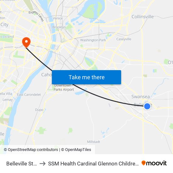 Belleville Station to SSM Health Cardinal Glennon Children's Hospital map