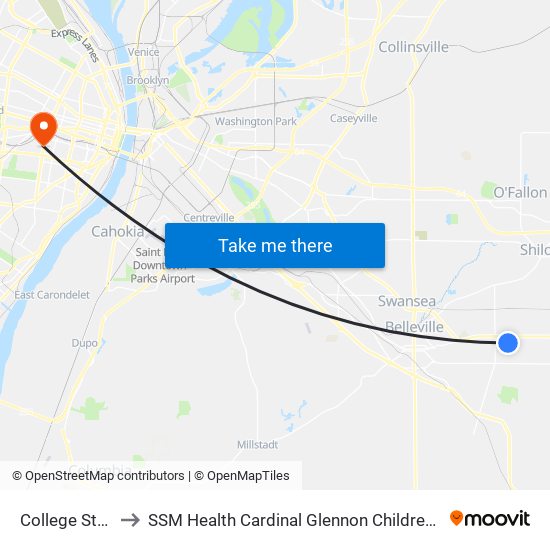 College Station to SSM Health Cardinal Glennon Children's Hospital map