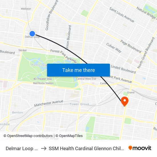 Delmar Loop Station to SSM Health Cardinal Glennon Children's Hospital map