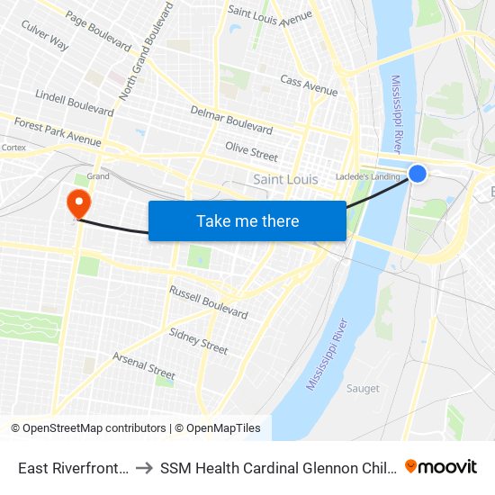 East Riverfront Station to SSM Health Cardinal Glennon Children's Hospital map