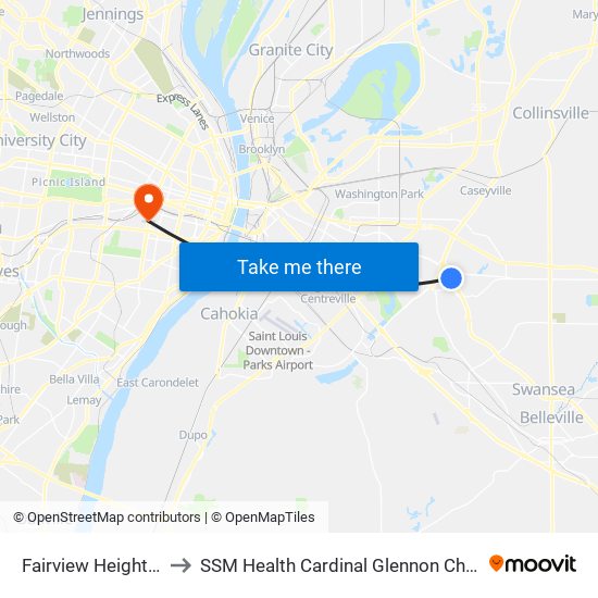 Fairview Heights Station to SSM Health Cardinal Glennon Children's Hospital map