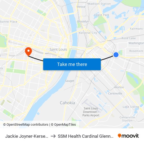 Jackie Joyner-Kersee Center Station to SSM Health Cardinal Glennon Children's Hospital map