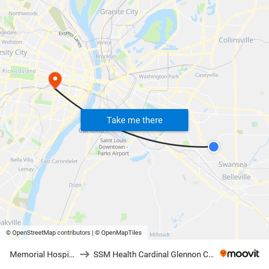 Memorial Hospital Station to SSM Health Cardinal Glennon Children's Hospital map