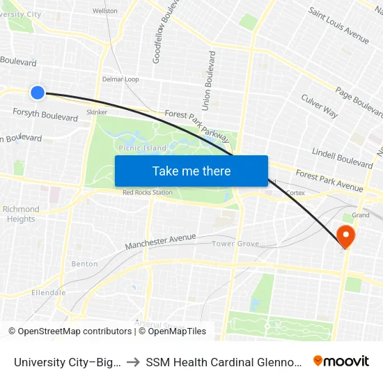 University City–Big Bend Station to SSM Health Cardinal Glennon Children's Hospital map