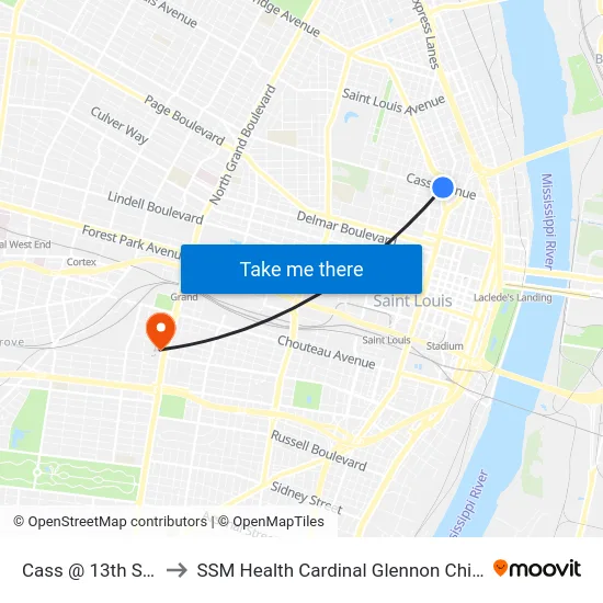 Cass @ 13th Street Wb to SSM Health Cardinal Glennon Children's Hospital map
