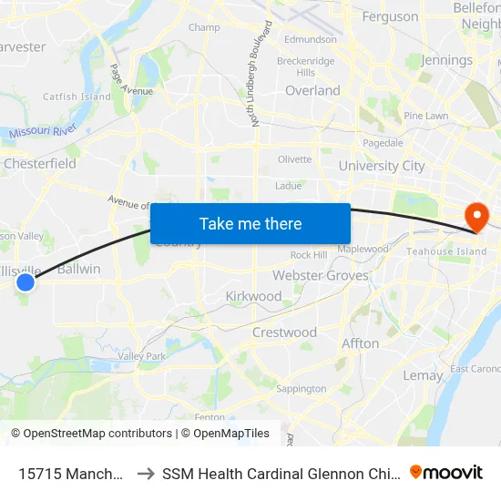 15715 Manchester Wb to SSM Health Cardinal Glennon Children's Hospital map