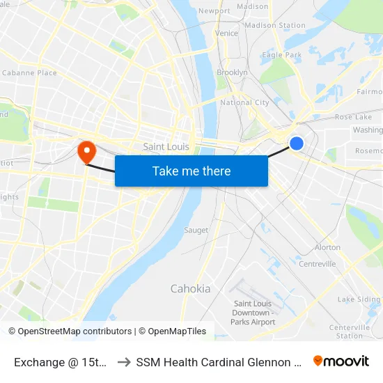 Exchange @ 15th Street Wb to SSM Health Cardinal Glennon Children's Hospital map