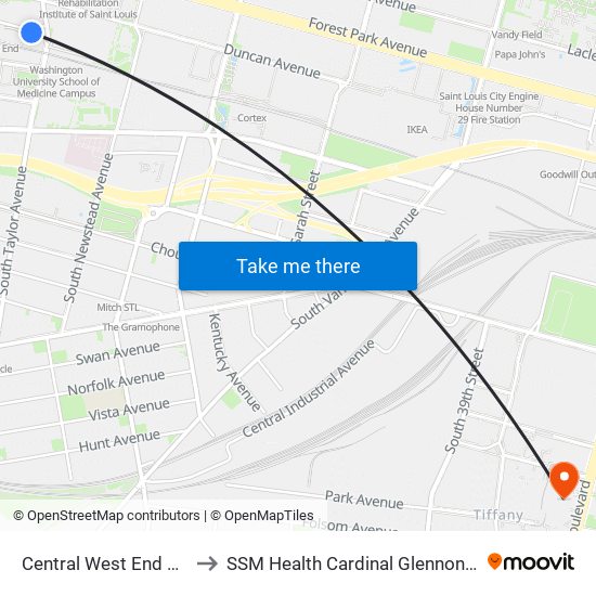 Central West End Transit Center to SSM Health Cardinal Glennon Children's Hospital map