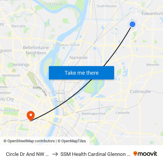Circle Dr And NW University Dr to SSM Health Cardinal Glennon Children's Hospital map