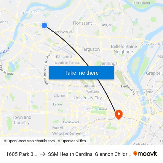 1605 Park 370 Nb to SSM Health Cardinal Glennon Children's Hospital map