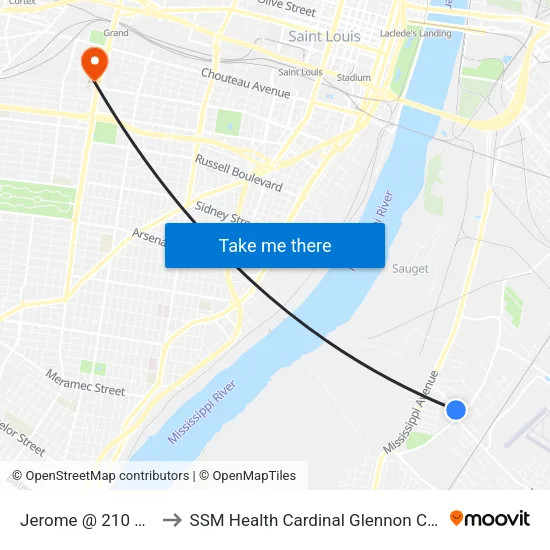 Jerome @ 210 Jerome Eb to SSM Health Cardinal Glennon Children's Hospital map