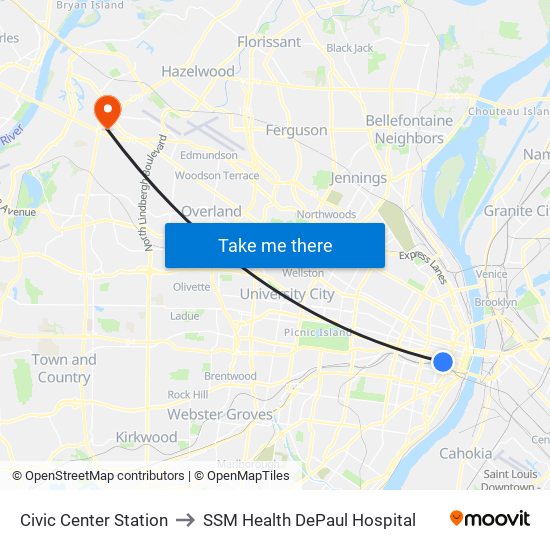 Civic Center Station to SSM Health DePaul Hospital map