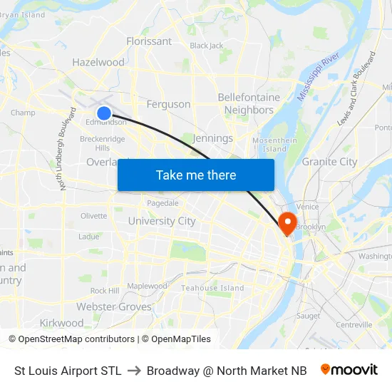 St Louis Airport STL to Broadway @ North Market NB map