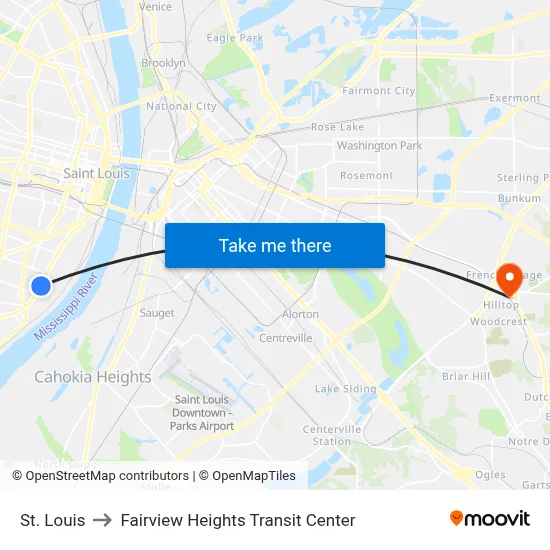 St. Louis to Fairview Heights Transit Center map