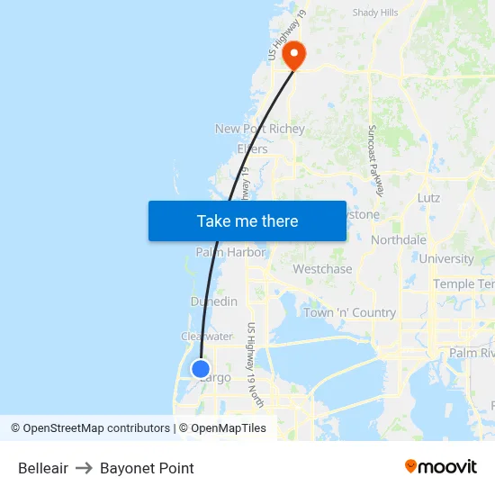 Belleair to Bayonet Point map
