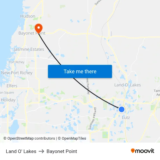 Land O' Lakes to Bayonet Point map